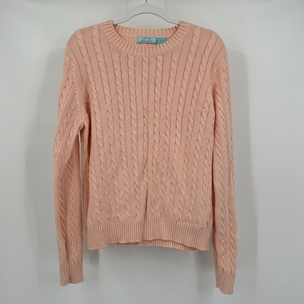 Orvis River Road Womens Preppy Cable Knit Sweater Size L Peach Old Money Pastel